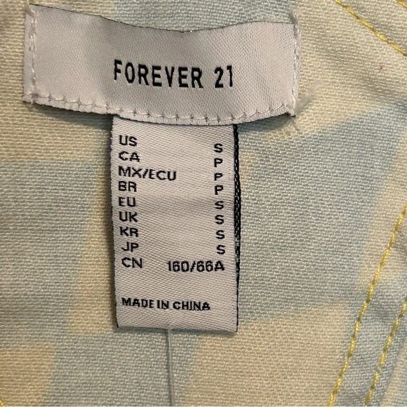 F21 Psychedelic Denim Overalls Romper Mini Dress Carolina Blue & Yellow | Small - Picture 6 of 11